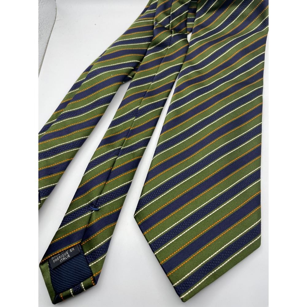 Canali Mens Silk Cotton Striped Tie Green Navy Blue Orange Made in Italy 3.75"